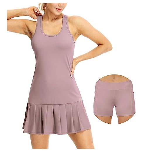 icyzone Women Athletic Tennis Dress with Shorts Golf Exercise Running Racerback Tank Dresses Outfits, Mauve, M