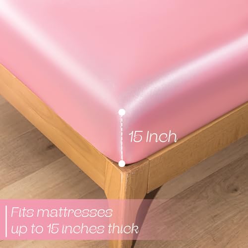 VACVELT 3-Piece Satin Fitted Sheet Set Queen Size, Pink Bottom Bed Sheet with 2 Pillowcases, Similar to Silk Sheets, Luxury & Silky Bedding Set, 15 Inch Deep Pocket - Image 5