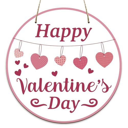OZUEMUL Valentines Door Hanger, Happy Valentines Day Sign for Front Door Decor, Red Pink Love Hearts Wood Door Hanger for Outdoor Porch, Wedding Valentines Wooden Wreath Indoor Hanging Decoration