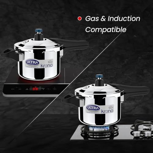 Image of Ultra Triply Krono Pressure Cooker 3 Litre | Whistle Counter | Spillage Control | AISI 304 Food Grade Stainless Steel Cooker | 5 Years Warranty | 1.2 MM Lid Thickness | Induction Compatible