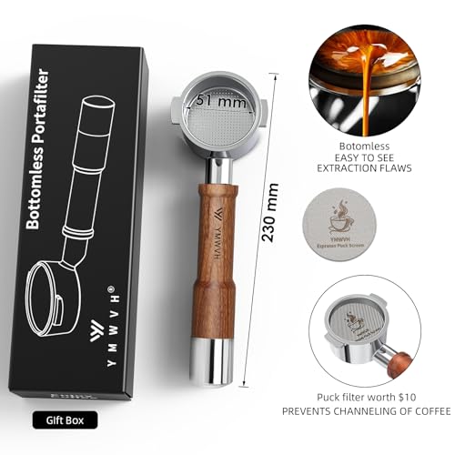 Image of 51MM Bottomless Portafilter 2 Ears-Fits Delonghi ECP3420 /EC155 /BCO430 /EC260 with Puck Screen & 100% Stainless Steel Filter Basket,Walnut Handle