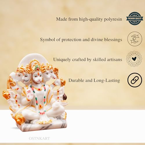 Image of Resin Hanuman Ji Murti Panchmukhi Hanuman for Door Entrance Temple Home & Office Decor Living Room Decoration Gift for New House Warming ceramony, 12.7 x 6.3 Cm, Marble White
