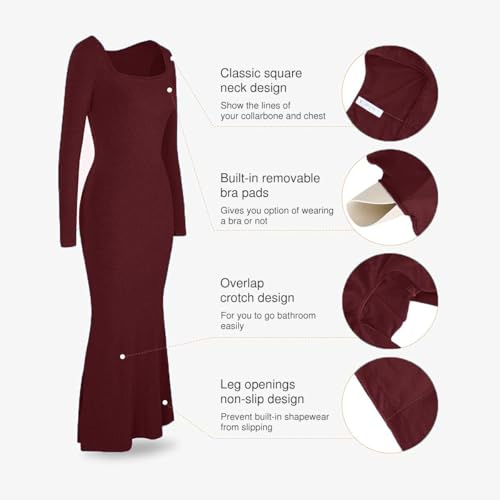 Image of Popilush Long Sleeve Formal Dress with Built in Shapewear Bra Maxi Dress | Light Tummy Control, Square Neck, Floor Length, Removable Cups, Wedding Guest Evening Bodycon Dress