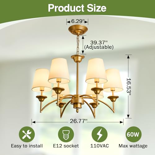 Image of 6 Light Chandelier with White Linen Fabric Shades Modern Gold Pendant Ceiling Light Fixture Dining Room Hanging Light for Hallway Kitchen Bedroom Entryway Foyer.