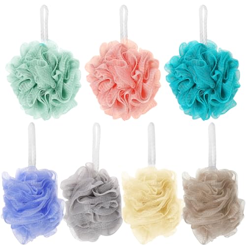 HOUDERCO 7Pcs Shower Loofah Exfoliating Bath Balls Grey and Durable Body Scrubber for Skin Cleansing and Foaming