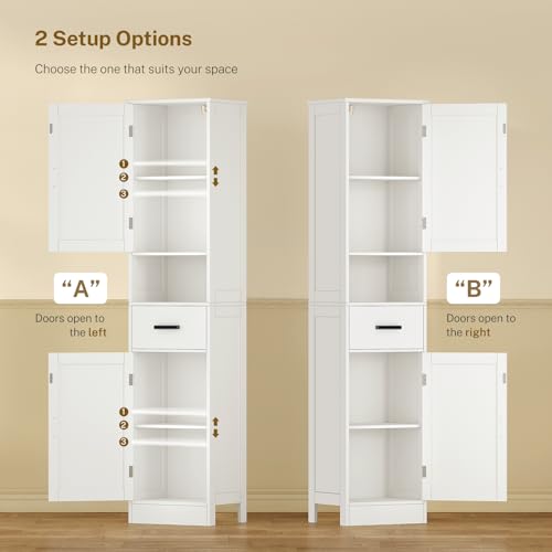 Image of TEENFON 67 inch H Bathroom Storage Cabinet with Barn Doors & Adjustable Shelves, Bathroom Cabinet with Drawer, Narrow Bathroom Storage Unit, Floor Cabinets for Living Room, Kitchen, White