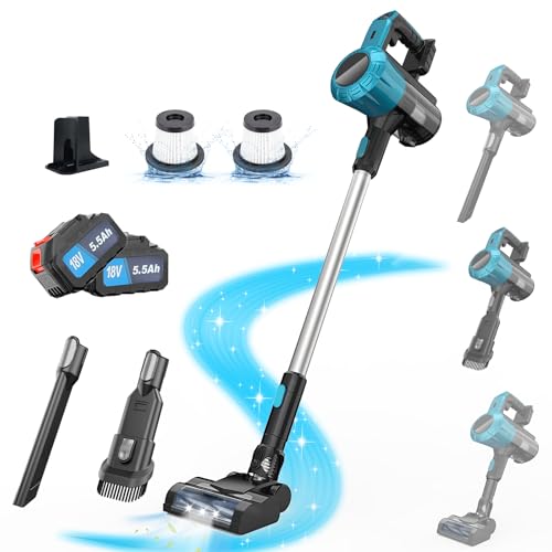 Aspirador inalámbrico para Makita de 18 V, 45000Pa, 550W, aspirador inalámbrico ligero para pelo de mascotas, suelos de madera, baldosas, alfombras e interiores de coches (2 baterías de 5500 mAh)
