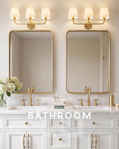 Image of 3-Light Brushed Gold Bathroom Vanity Light, Pleated Fabric Shade
