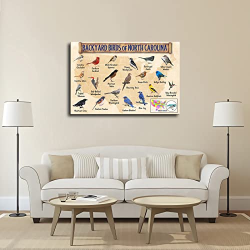 North Carolina State Bird Species Identification Map, Field Guide, Usa Map Canvas Art Decoration Painting Hd Printing Canvas Poster For Bedroom Bathroom Kitchen Room Decoration (Framed,24×36Inch) #TOP2