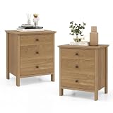 Giantex Nightstand with 3 Drawers Set 2, Wooden Bedside Table, Natural