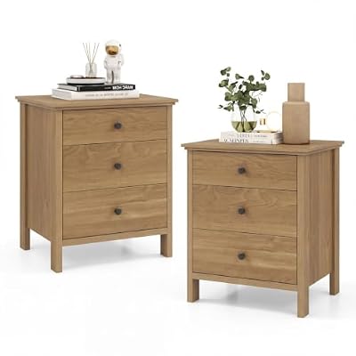 Giantex Nightstand with 3 Drawers Set 2, Wooden Bedside Table, Natural