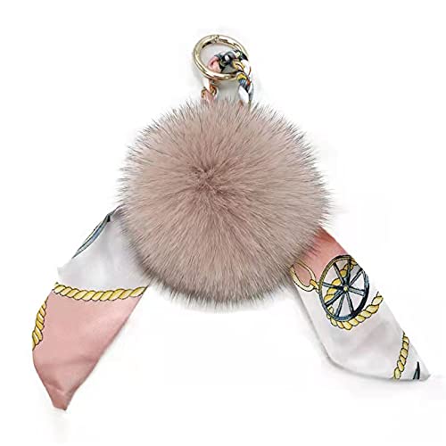 3,5' Pelaje Zorro Pompón Llavero Colgante para Mujer, Lazo de Cinta de Seda Encanto Bufanda Accesorio con Llavero Dorado para Bolso de Mochila (Rosa)