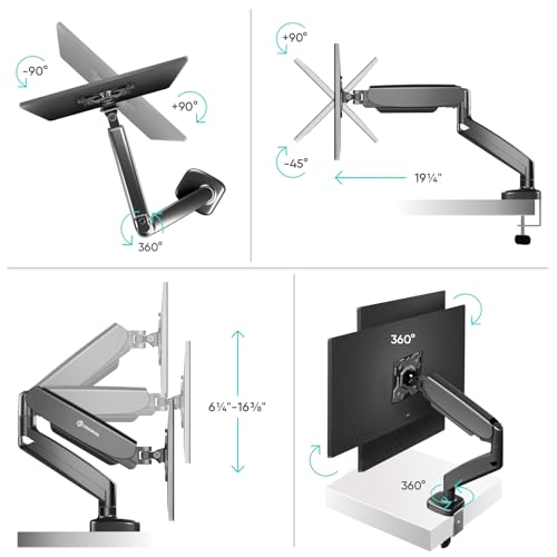 Image of ONKRON Monitor Arm Desk Mount 13-32 Inch, 17.6 lbs, max VESA 100x100, Black | Single monitor arm with 19.2 inch extension, gas spring, swivel, tilt and rotation; C-clamp or grommet mount for office & gaming