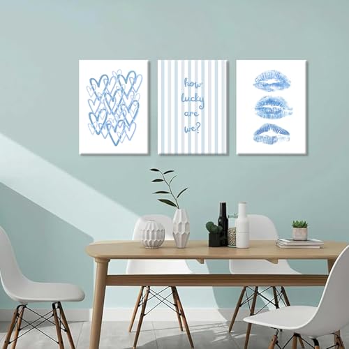 3Pcs Trendy Blue Canvas Wall Art Light Blue Preppy Wall Decor How Lucky Are We Pictures Funky Kiss Lips Artwork Coquette Aesthetic Poster Prints for Girl Bedroom Living Room Bar Dorm 16x24in by VHQXFQHU - Used condition - Image 5