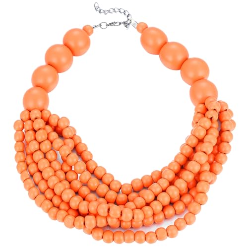 Kiszu KIS-N004-CHOKER NECKLACE ORANGLE 7 Layered Wood Beads Strand Statement Choker Necklace For Women, Africa Large And Small Round Chunky Necklace, Ethnic Colorful Bead Layered Bib Collar Necklace Hip Hop Jewelry thumb #6