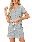 ENJOYNIGHT Womens Pajama Set Cotton Summer Pj Shorts Button Down Sleepwear with Pockets (XX-Large, Grey Cat)