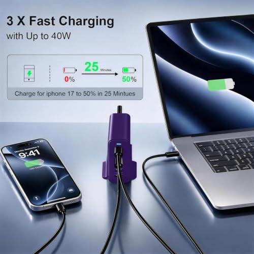Image of 165W Charging Station, 6 Port Desktop Charger, 3 Ports 40W Purple | Multi-Device Charger, 3 PD USB C 40W and 3 15W USB A, Compatible with iPhone, Galaxy, MacBook, Tablets, Home Office, Travel