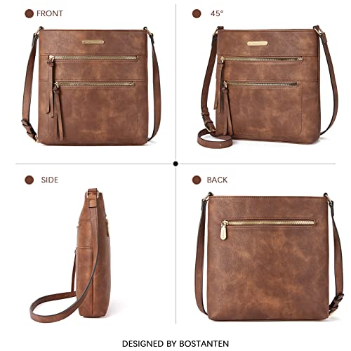 Bostanten Crossbody Bags Purses For Women Trendy Soft Leather Shoulder Handbags With Adjustable Strap Zipper Pocket Medium Retro Brown #TOP6