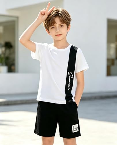 Image of Ayzozuy Boy Clothes Colorblock Top + Drawstring Waist Shorts 2 Pieces Kid Summer Outfits Set