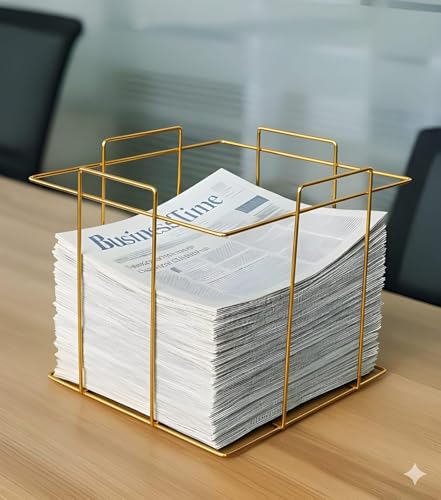 Image of Newspaper Storage Box for Home Iron Wrought Foldable Newspaper Rack Stand, Durable Powder-Coated Organizer for Home Office Library (Golden)