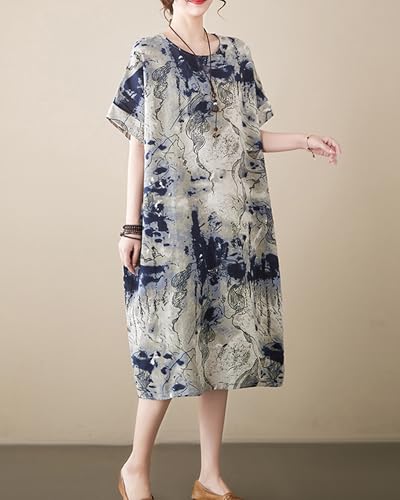 Image of LUZU JUNU Women's Summer Baggy Plus Size Loose Cotton Linen Long Boho Beach Dress with Pockets
