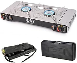 NJ SG-2S Camping Gas Stove - Double Burner Portable Butane Twin Cooker Outdoor Camp Kitchen Auto Ignition Stainless Steel Compact Plastic Carry Case and Bag
