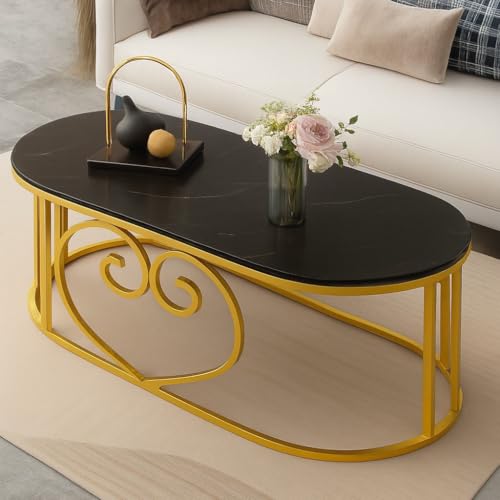 Image of Oval Accent Metal Centre Table with Marble Look Coffee Tables with Engineered Wood Top and Metal Frame, Contemporary Table for Office, Bedroom, or Living Room Golden Black