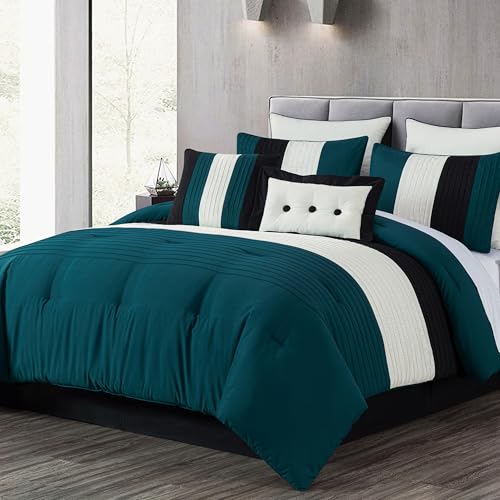Chezmoi Collection Loft 8-Piece Queen Comforter Set, Teal/Black/White Luxury Striped