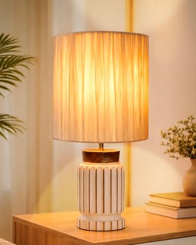 Image of Homesake Wooden Table Lamp | Handcrafted Bedside & Living Room Lamp | E27 Holder with Bulb Included | Warm Light | Desk Nightstand Light, Decor Lamp for Bedroom, Study & Home Decor, White