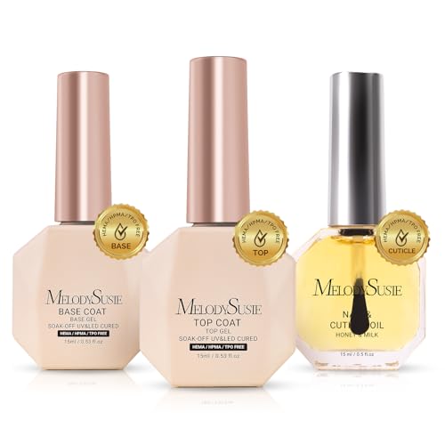 Image of MelodySusie Hema Free Top Coat Base Coat Cuticle Oil Set Long Lasting Shine Finish Soak Off UV LED Nail Lamp Nail Art Design Manicure Kit Perfect Gifts for Women Girls 3 Pcs 15ml
