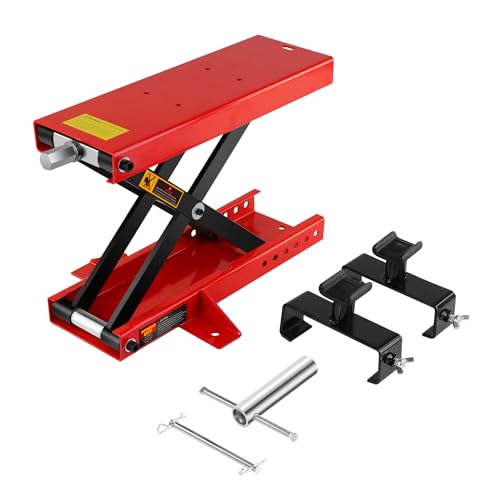 Motorcycle Lift - 1100 LBS Motorcycle Scissor Lift Jack with Saddle & Safety Pins, 3.7\"-18.7\" Heavy Duty Steel Motorcycle Table Lift Jack for Bikes ATVs Garage Repair Center Stand Lift Jack, Red
