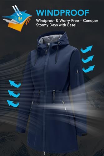 Image of FARVALUE Women's Long Softshell Jacket Waterproof Lightweight Warm Windproof Hooded Fleece Lined Rain Coat for Outdoor