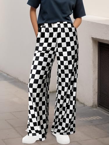 WSPLYSPJY Women's Casual Checkered Pants Elastic Waist Comfy Loose Wide Leg Pants with Pockets,XS - XXL2