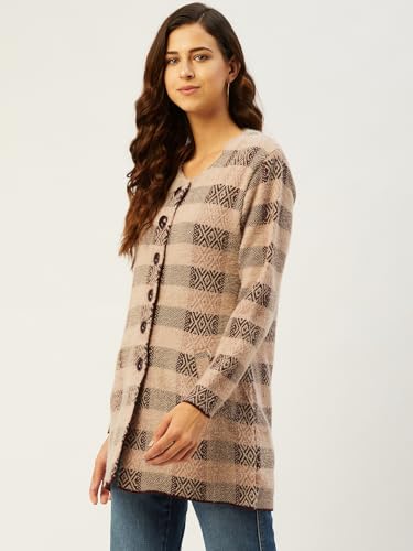 Image of Pivl Acrylic Blend Women Pink Button Closure Long Round Neck Sweater For Winter XL