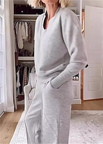 Women's Solid Color V - Neck Top and Pants Two - Piece Set,Long Sleeve Sweatshirt Wide Leg Pants Tracksuits Lounge Outfits4