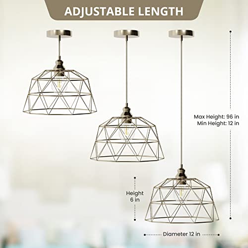 Retro Industrial Cage Pendant Adjustable Hanging Light, Etl Listed, 1-Light, Brushed Nickel Iron Metal Shade With Matching Cord And Canopy, For Foyer Dining Room Kitchen Island Bedroom #TOP2