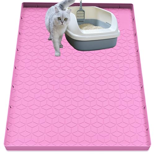 Jacooxi Cat Litter Mat, Silicone Large Cat Mat for Litter Box - 40x28 in, Waterproof & Non-Slip, Durable & Easy Clean, Pink