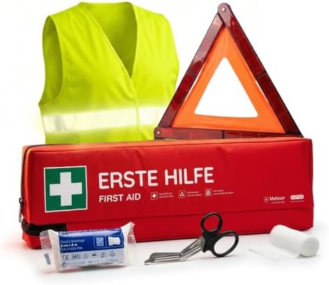 FLEXEO KFZ-Verbandtasche inkl. Warndreieck und Warnweste nach aktueller DIN 13164 | Gültig für 2026, in Deutschland und der EU | Verbandkasten/Erste Hilfe Set für PKW/Auto | Rot