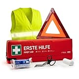 FLEXEO KFZ-Verbandtasche inkl. Warndreieck und Warnweste nach aktueller DIN 13164 | Gültig für 2026, in Deutschland und der EU | Verbandkasten/Erste Hilfe Set für PKW/Auto | Rot