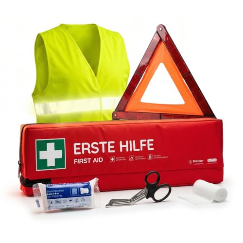 FLEXEO KFZ-Verbandtasche inkl. Warndreieck und Warnweste nach aktueller DIN 13164 | Gültig für 2026 in Deutschland und der EU | Verbandkasten/Erste Hilfe Set für PKW/Auto | Rot