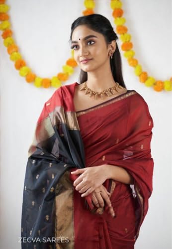 Image of ZECVA Women's Pure Soft Spun Cotton Lichi Silk Saree For Women With Attach Unstitch Blouse Piece