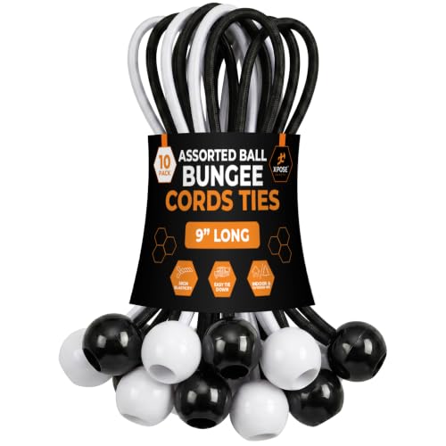 Image of Xpose Safety Bungee Ball Cords 9 inch 10 Pack Heavy Duty Assorted Colors Black and White Stretch Rope with Ball Ties for Canopies, Tarps, Walls, Cable Organization