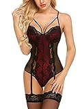 Avidlove Lingerie for Women Sexy Bodysuit Lingerie with Garters Lace Teddy Babydoll Bodysuit Red, S
