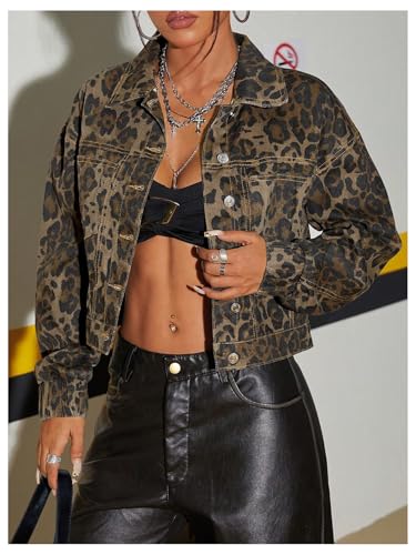 Floerns Women's Leopard Denim Jacket Long Sleeve Button Up Boyfriend Jean Jacket Coat4