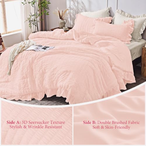 Image of JOLLYVOGUE Blush Pink Full Comforter Set,3pcs Seersucker Comforters Full Size