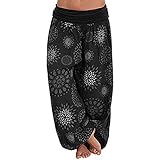 Vertvie Damen Hosen Lang Bedrucken Pumphose Haremshose Sommerhose Yogahose Aladinhose Baggy Harem Stil mit Elastischen Bund(48/Tag 5XL,Schwarz)