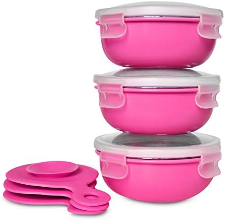 Baby and Toddler Feeding Bowls with Heavy Duty 18/8 Stainless Steel, Stay Put Suction, and Spill-Proof Lid by TOTWARE (Pink, 3 Bowls) | 12+ months to young children | Eco-Friendly, BPA Free, Non Toxic