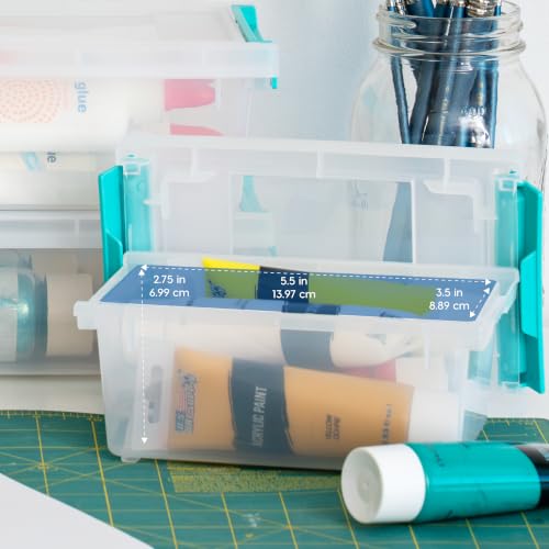 Image of IRIS USA 1 Qt. Craft Storage Bins with Lids, 6-Pack, |Made in USA|, Clip Box, Small Plastic Sensory Bin Tote Organizer Containers for Art Supplies, Paper, & Office, Stackable - Clear /Seafoam Blue