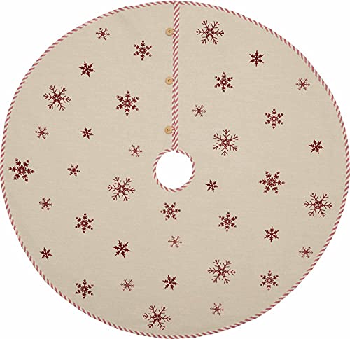 Market Place Natural Snowflake Christmas Tree Skirt, 48" Diameter, Stencilled Red Snowflakes W/ Crystal Accents For Holiday Sparkle, Red Ticking Stripe Trim #TOP2