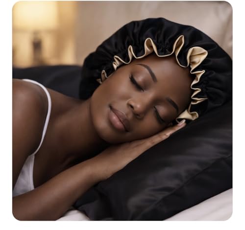 Satin Pillowcase Set with Adjustable Sleep Bonnet, 2 Satin Pillowcases 20x 30 Inch + 1 Satin Bonnet, Silky Soft Anti-Frizz Hair Protection Sleep Set for Women. (Black) - Image 3